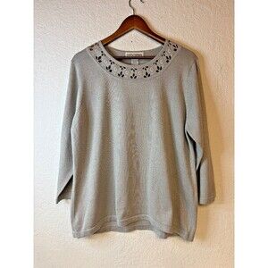 Cathy Daniels Gray Metallic Sweater - 3/4 Sleeves & Crochet Like Detail  - L